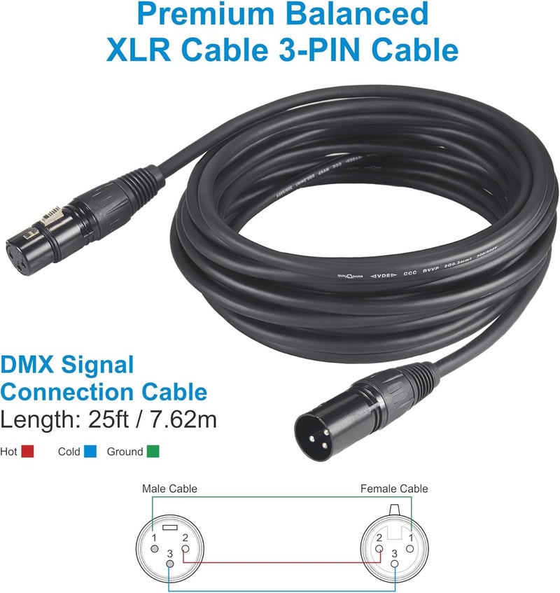 GZhumin DMX Cable 25ft, 4 Pack 7.62m DMX Cables 3 Pin Signal XLR Male to Female DMX Cable Wire, with Metal Connectors for Signal Transmission for DJ Lighting Equipment and Stage Lighting - Image 2